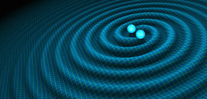Binární neutronová hvězda těsně před splynutí rozvlní prostoročas (zdroj R. Hurt/Caltech-JPL).