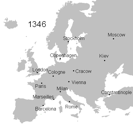 Útok černé smrti v době 1347–1353; České země za vlády Karla IV. byly relativně málo dotčené. Wikipedia,volné dílo.