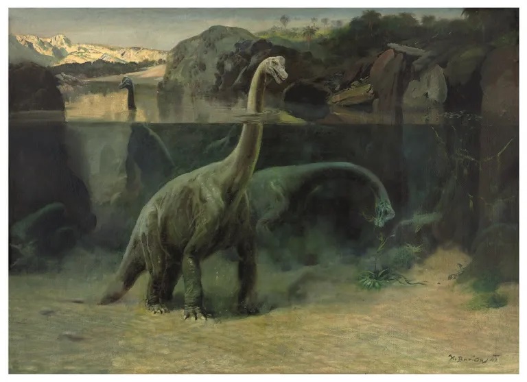 Obraz „ponořených“ brachiosaurů (dnes druh Giraffatitan brancai) z roku 1941 patří už po desetiletí k nejznámějším a nejobdivovanějším Burianovým dílům. Ačkoliv z hlediska dnešního stavu znalostí tato scenérie neobstojí, zachovává si přesto svoji pod