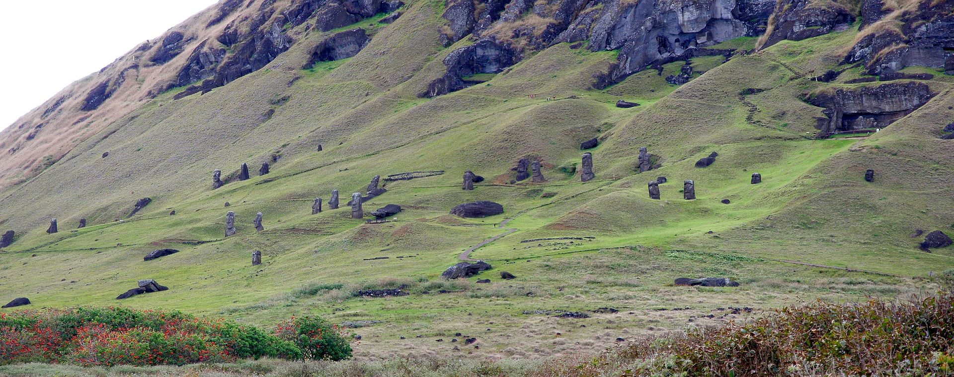 Odlesněná krajina Velikonočního ostrova foto z roku 2014. Kredit: Dropus, Wikipedia.