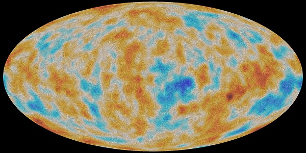 Celooblohová mapa polarizace reliktního záření. Tato z mise Planck. Detailní měření by ovšem měla provést především sonda LiteBIRD. Zdroj: https://planck.ipac.caltech.edu/