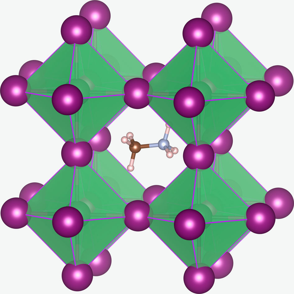 Struktura podobného perovskitu (CH3NH3PbI3). Kredit: Christopher Eames et al. / Wikimedia Commons.