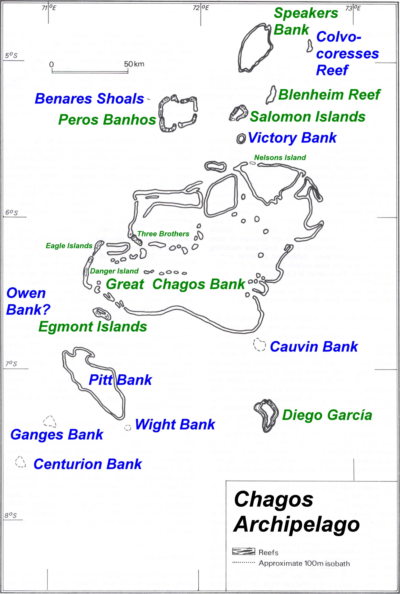 Mapa souostroví Čagos v Indickém oceánu. Kredit: Wikipedia, NOAA, adapted Ratzer.