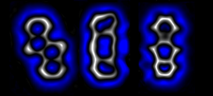Snímky molekuly z experimentu v mikroskopu STM. Kredit: Leo Gross/IBM.