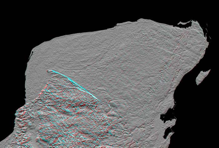 Radarový snímek cípu Yucatánského poloostrova s dobře patrnými kruhovými okraji pohřbeného impaktního kráteru Chicxulub. Tento útvar byl veřejně odhalen v roce 1991, ačkoliv již o čtyři desetiletí dříve na jeho existenci poukazovaly provedené geologi