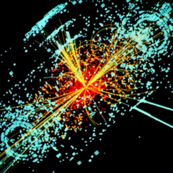 Simulovaný Higgsův boson v detektoru CMS na LHC. Kredit: Lucas Taylor / CERN.