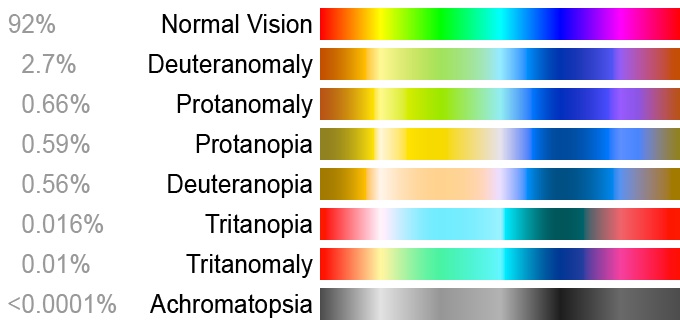 Podle typu hendikepovaných buněk se rozlišují i typy poruch barvocitu. Procenta uvádí jejich zastoupení v populaci.