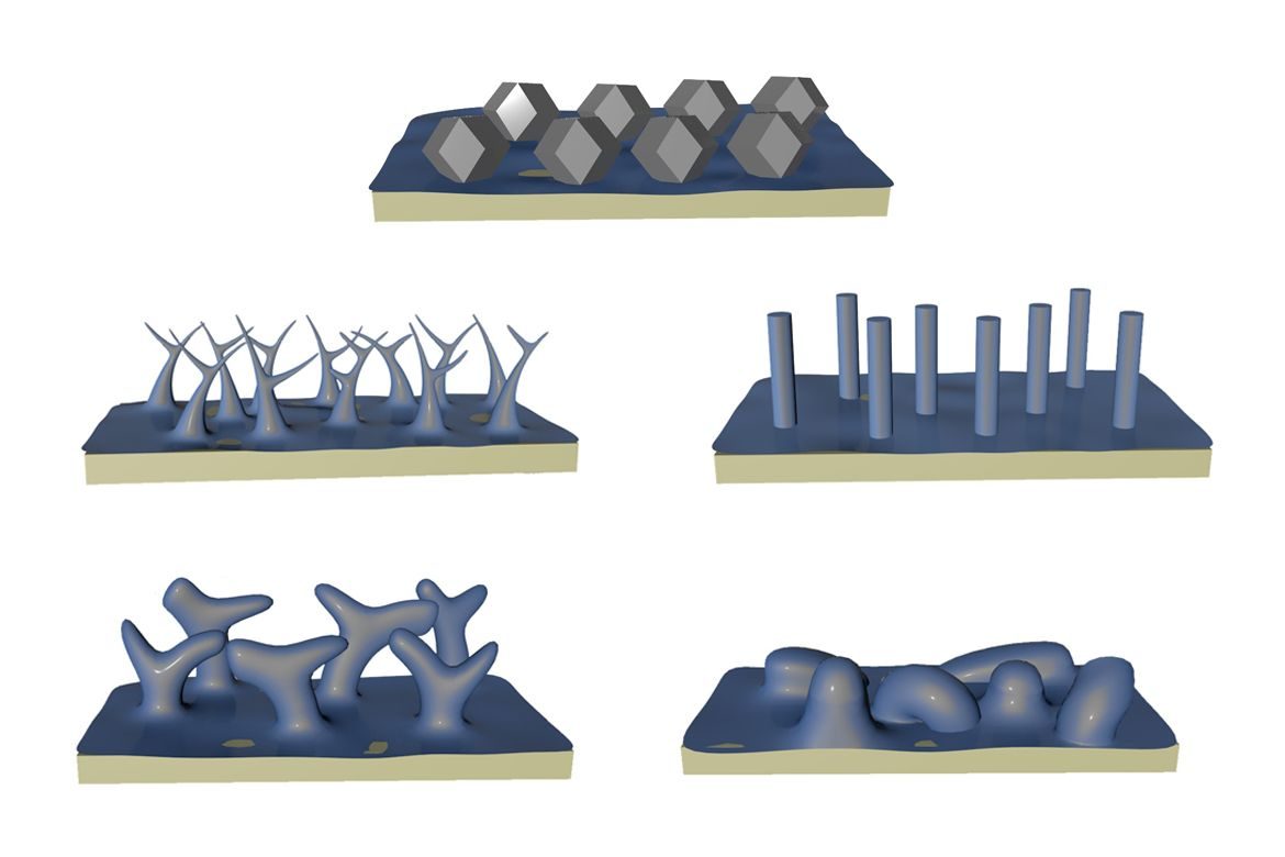 Nahoře opravdové lithium, pod ním 4 varianty deformací lithia vytvořených korozí. Kredit: Li Lab / UCLA.