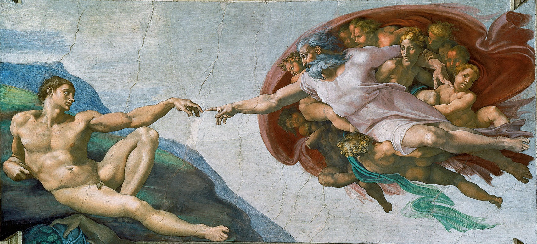 SlavnĂ© zpodobnÄ›nĂ­ Boha vÂ SixtinskĂ© kapli: StvoĹ™enĂ­ Adama, Michelangelo (Wikipedia, veĹ™ejnĂ© dĂ­lo)