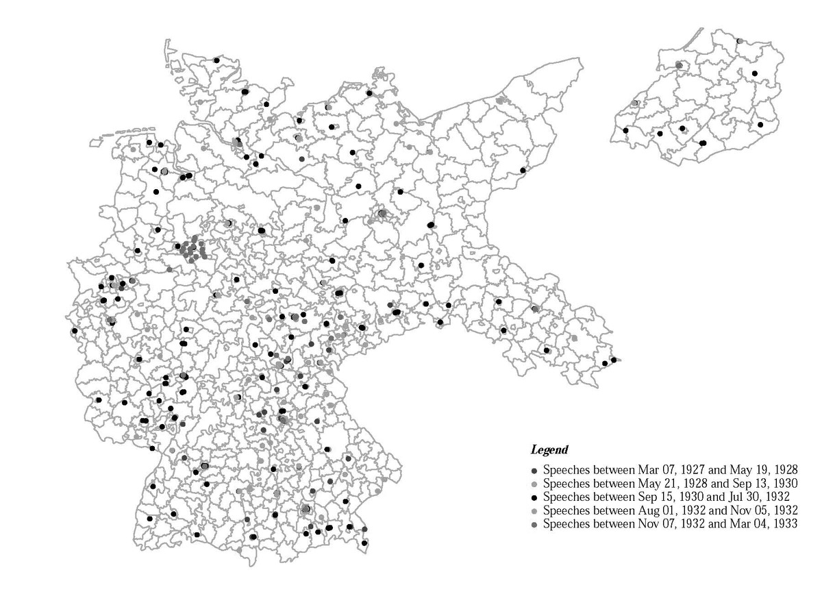 Hitlerova předvolební vystoupení v letech 1927 až 1933. Kredit: Munzert & Selb (2018).