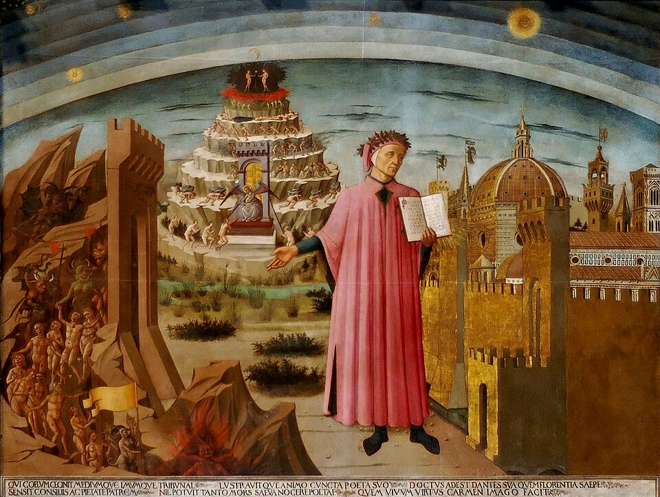 Dante Alighieri a jeho světy. Kredit: Domenico di Michelino (1465), Wikimedia Commons.