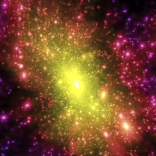 Simulace temnĂ© hmoty uvnitĹ™ galaxiĂ­. Kredit: Springel et al., Virgo Consortium, MPI Astrophysics.