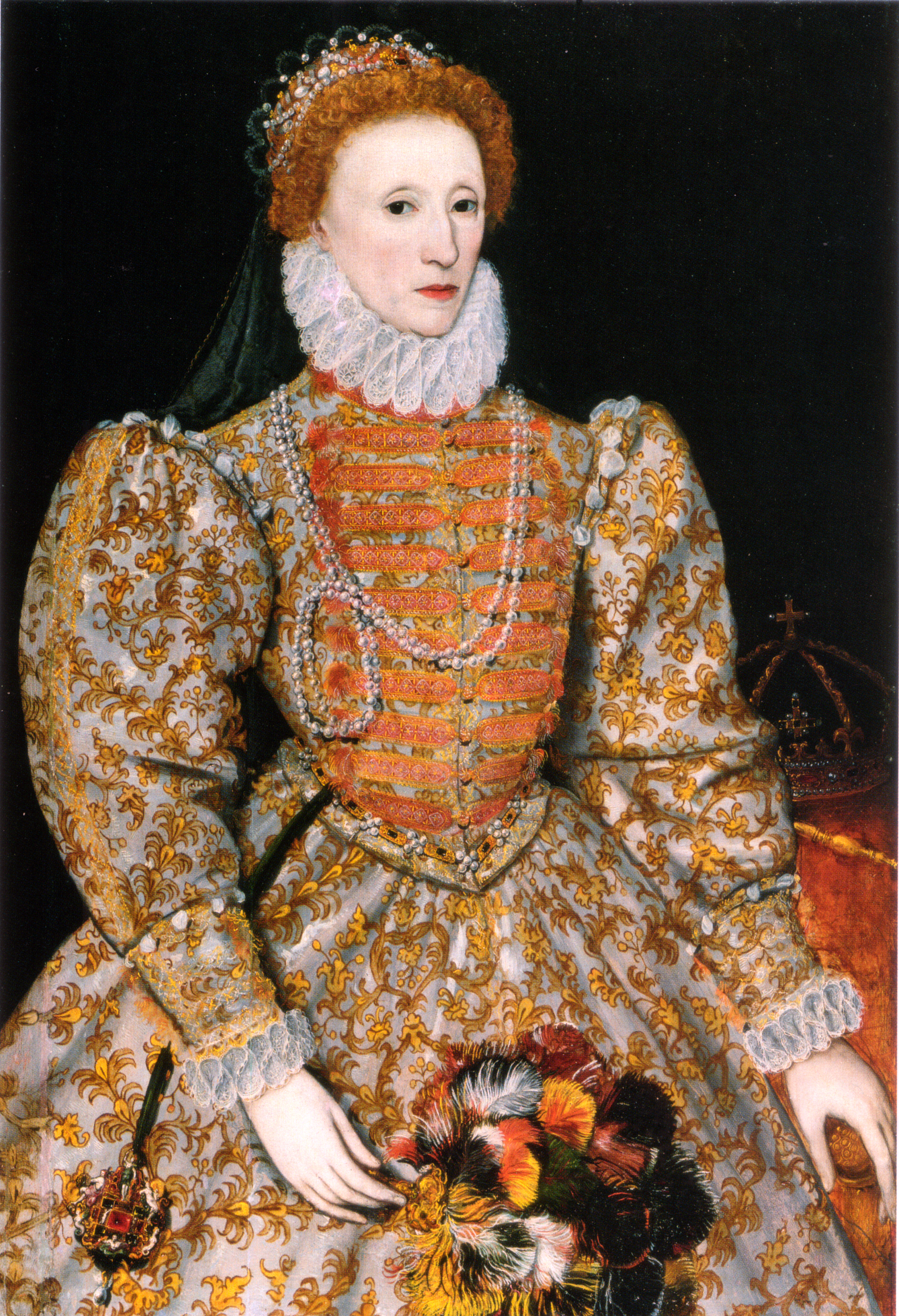 Alžběta I.  královna Anglie a Irska od 17. listopadu 1558 do března 1603.  Byla dcerou Jindřicha VIII. a jeho druhé ženy Anny Boleynové byla pátou a poslední panovnicí z rodu Tudorovců. Krefdit: National Portrait Gallery, London, volné dílo.