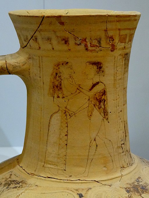 Jedno z nejstarších řeckých zobrazení milenců, prý Thésea a Ariadny, 675 až 640 před n. l. Archeologické muzeum v Irakliu (Herakleion na Krétě). Kredit: Olaf Tausch, Wikimedia Commons .