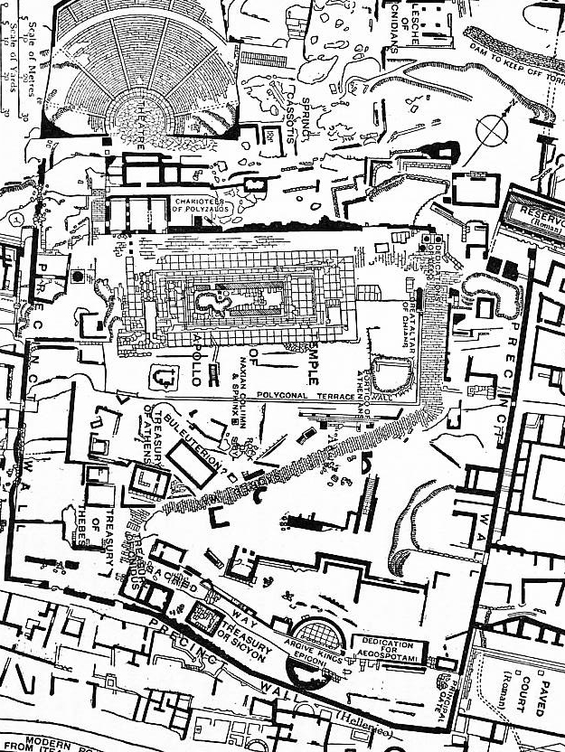 Mapa podstatné části hlavního areálu v Delfách, Encyclop?dia Britannica 1911. Kredit: Emery Walker and Cockerell, Wikimedia Commons. Public domain.
