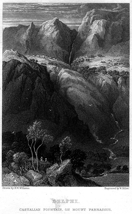 Delfy: Kastalský pramen, vlevo na plató vesnice (nyní hlavní archeologický areál), na pravém okraji blízko srázu je teď dolní archeologický areál, nad soutěskou vrcholky Fedriád (ca 1100 m n. m.). Grafika W. Millera z roku 1829 podle o něco starší ry