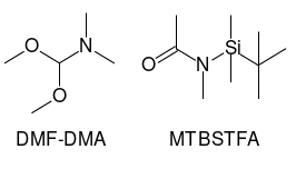 Chemická struktura derivatizačních činidel užitých v laboratoři MOMA pro snazší stanovení aminokyselin a jiných skupin biologicky významných látek. První vzorec z leva DMF-DMA a druhý MTBSTFA. Kredit: VD.