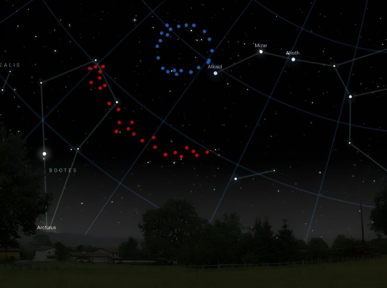 Oblouk a Prsten na severní obloze. Kredit: Stellarium.