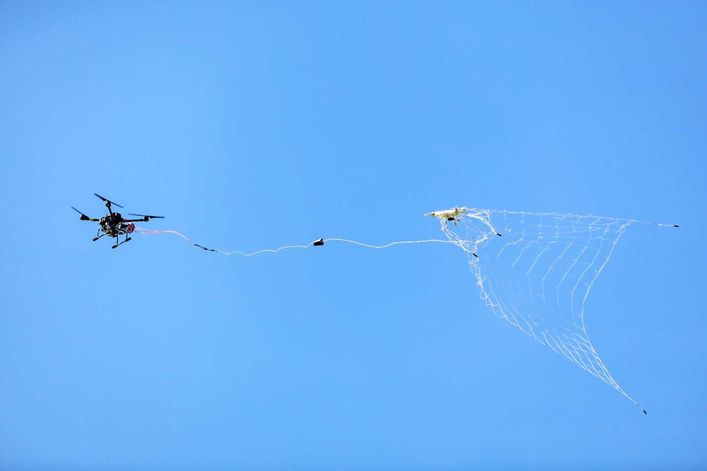 Lovecká kvadrikoptéra chytá cizí dron do vystřelovací sítě. Kredit: Delft Dynamics.
