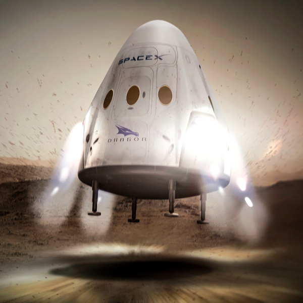 UĹľ brzy? RudĂ˝ drak pĹ™istĂˇvĂˇ na Marsu. Kredit: SpaceX.