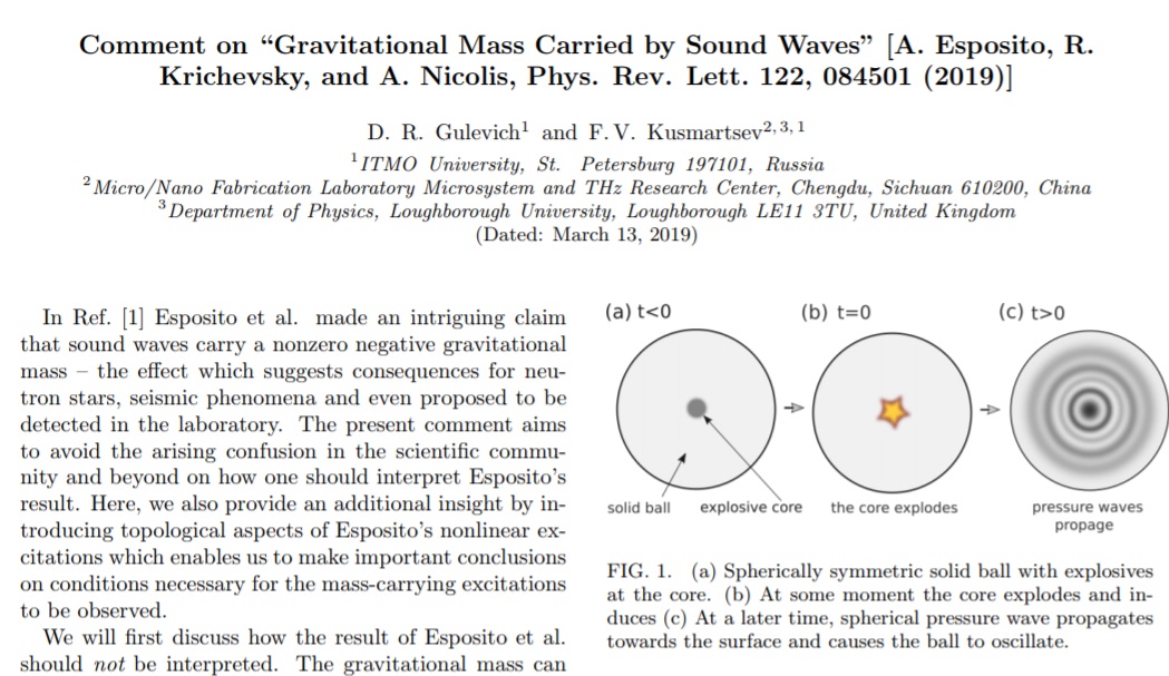 Tým Dmitrije Gulevicha reaguje na Espositův článek komentářem, že celková gravitační hmotnost se nemění. A pokud zvuk zápornou hmotnost má, musí být vykompenzována hmotností prostředí. Pramen: Physical Review Letters (ZDE)