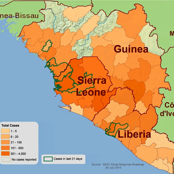 PoÄŤet nakaĹľenĂ˝ch ebolou vÂ ZĂˇpadnĂ­ Africe. Kredit: CDC.