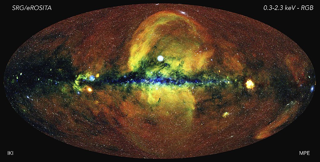 První celooblohová (vyhlazená) mapa nasnímaná teleskopem eROSITA: červeně fotony s energií 0,3-0,6 keV, zeleně 0,6-1 keV, modře 1-2,3 keV. Červená difúzní záře směrem od roviny Galaxie je záření horkého plynu v okolí sluneční soustavy (místní bubliny