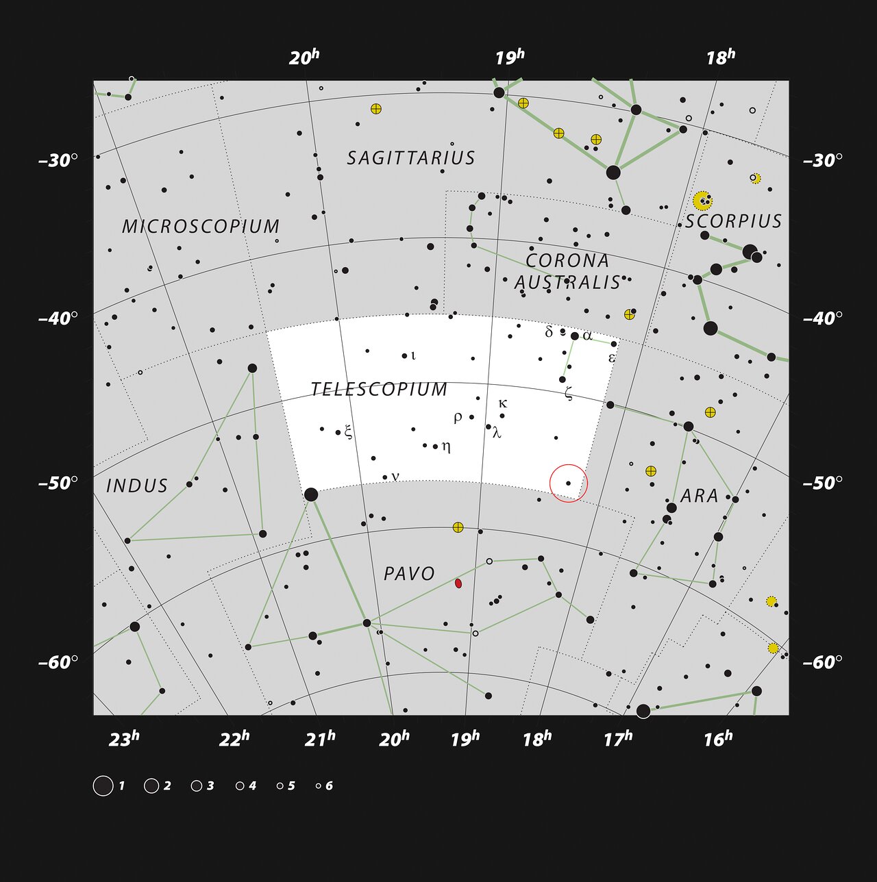 Červený kruh vyznačuje pozici systému s černou dírou v souhvězdí Dalekohledu. Kredit: ESO, IAU and Sky & Telescope