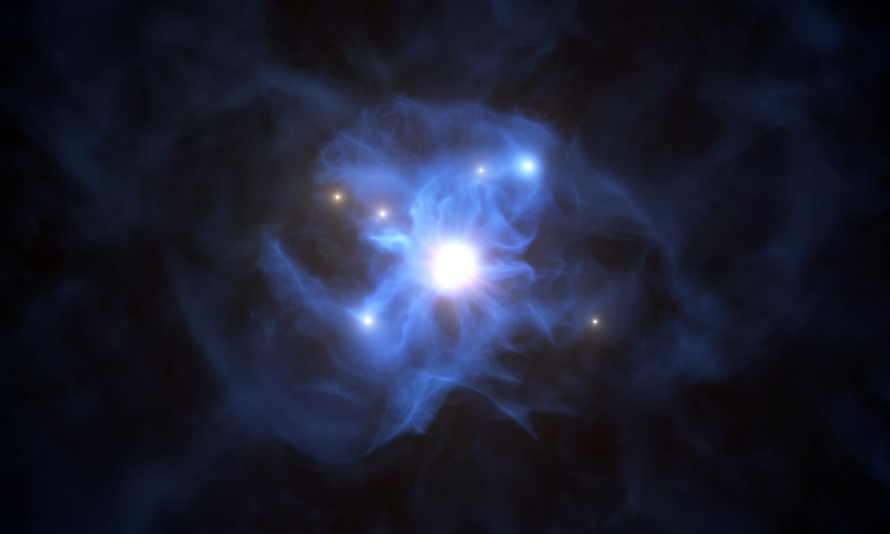 Supermasivní černá díra opředená pavučinou plynu. Kredit: ESO/L. Calçada.