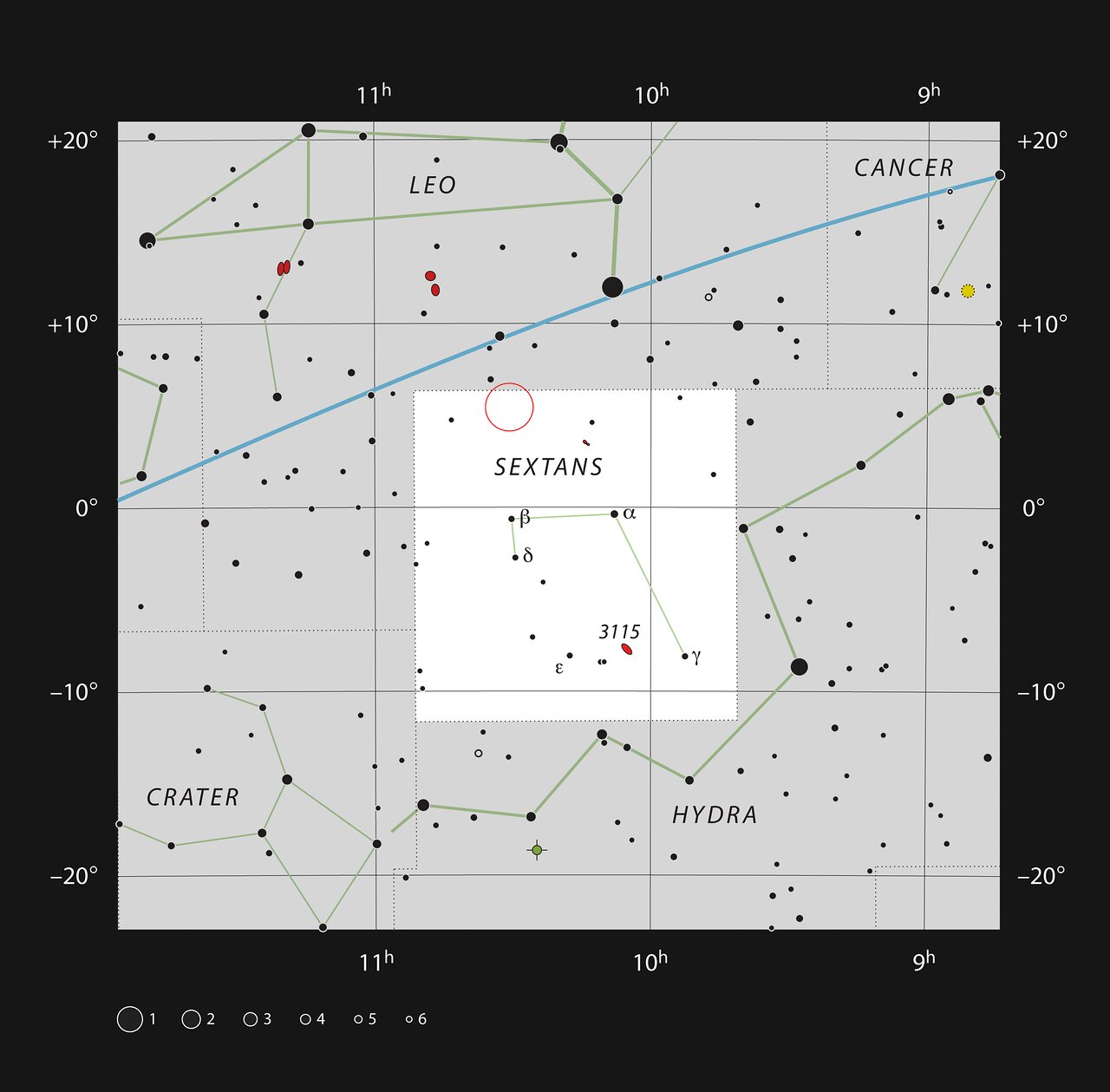 Poloha kvasaru SDSS J1030+0524 v souhvězdí Sextantu. Kredit: ESO, IAU and Sky & Telescope.