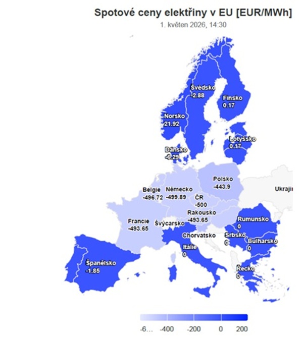 Obr 7) Spotové ceny v různých státech Evropy v době kolem extrému záporných cen 26. dubna (zdroj Energostat v oEnergetice)