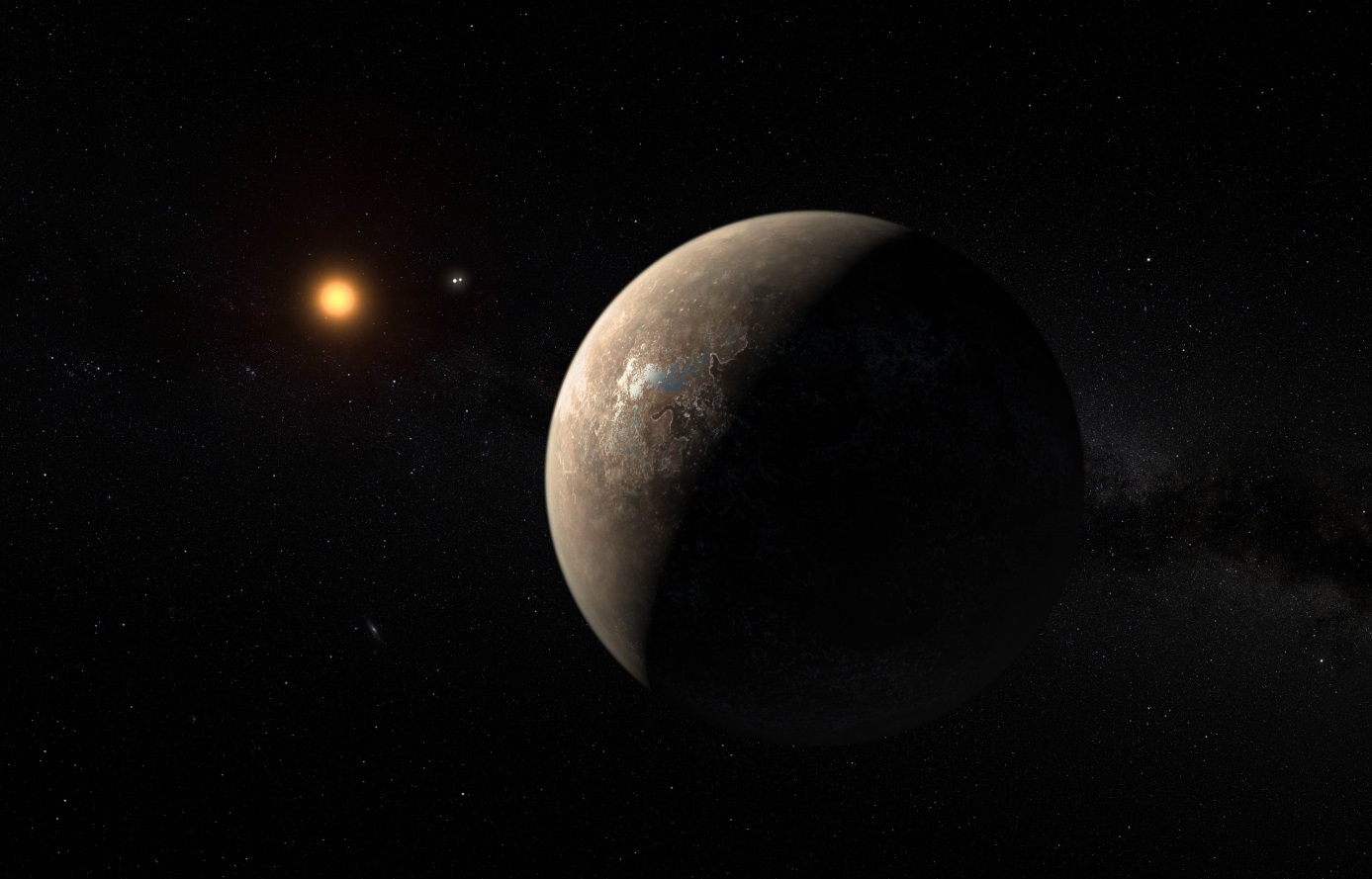 Exoplaneta Proxima Centauri b v uměleckých představách, Systém Alfa Centauri AB je kousek nalevo od Proximy Centauri (zdroj ESO, M. Kornmesser).