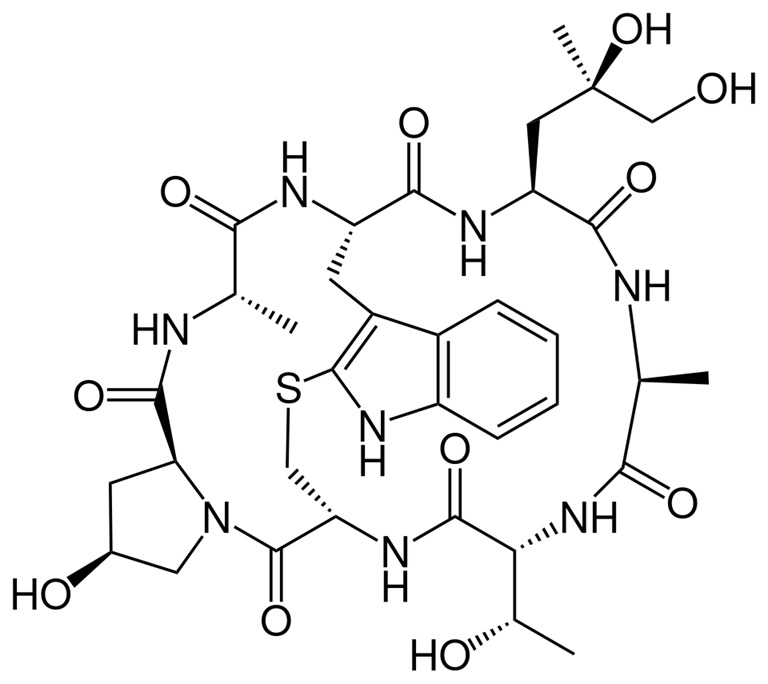 Phalloidin, psáno též faloidin (resp. phallolysin) je hepatotoxický cyklický heptapeptid ze skupiny  falotoxinů. (ChemSim, Wikipedia, volné dílo)