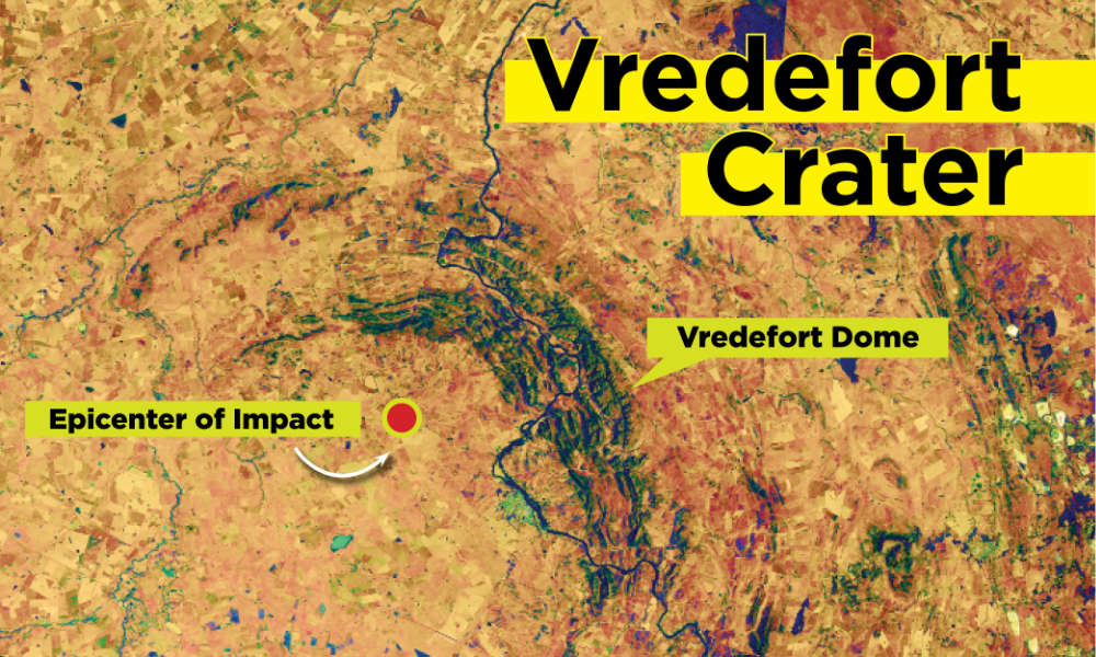 Kráter Vredefort. Kredit: NASA Earth Observatory, Lauren Dauphin / University of Rochester, Julia Joshpe.