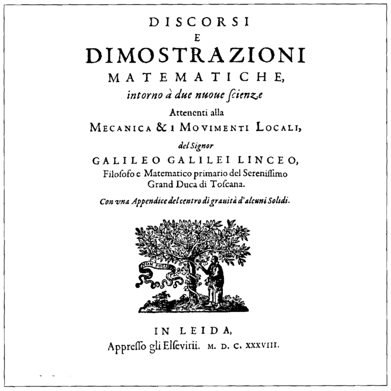 Titulní list Galileiho posledního díla, Matematické rozpravy… Kredit: Mahahahaneapneap, Wikimedia Commons.