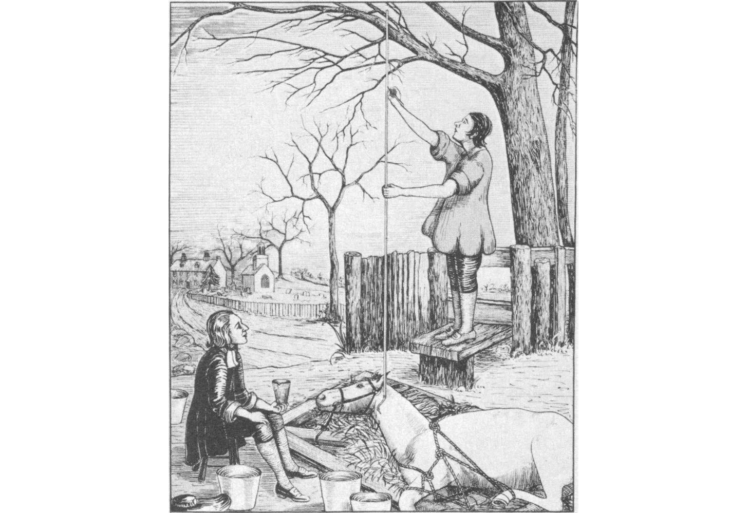 Rok 1733: Stephan Hales meria tlak v tepne ležiaceho koňa. (Kredit: HIT). https://myhitapp.com/blog/blood-pressure-history/