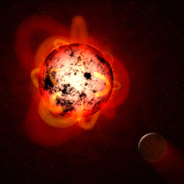 Supererupce červeného trpaslíka smaží exoplanetu. Kredit: NASA/ESA/G. Bacon (STScI).