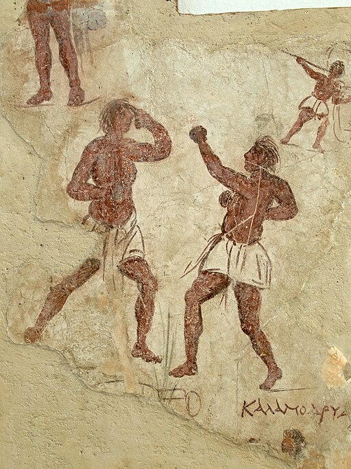 Boxeři. Nástěnná malba z Délu. Kredit: Zde, Wikimedia Commons. Licence CC 4.0.