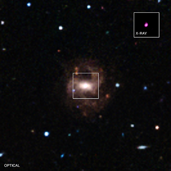 Galaxie RGG 118 sÂ nejmenĹˇĂ­ supermasivnĂ­ ÄŤernou dĂ­rou. Kredit: NASA / CXC / Univ of Michigan / V.F.Baldassare, et al; & SDSS.