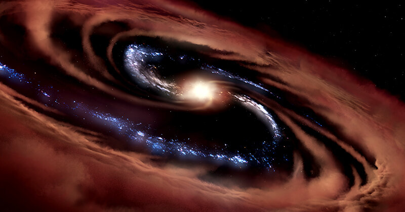 Galaxie CQ4479 s kvasarem uprostřed. Hnědě kosmický plyn, který zůstává chladný. Kredit: NASA/ Daniel Rutter.