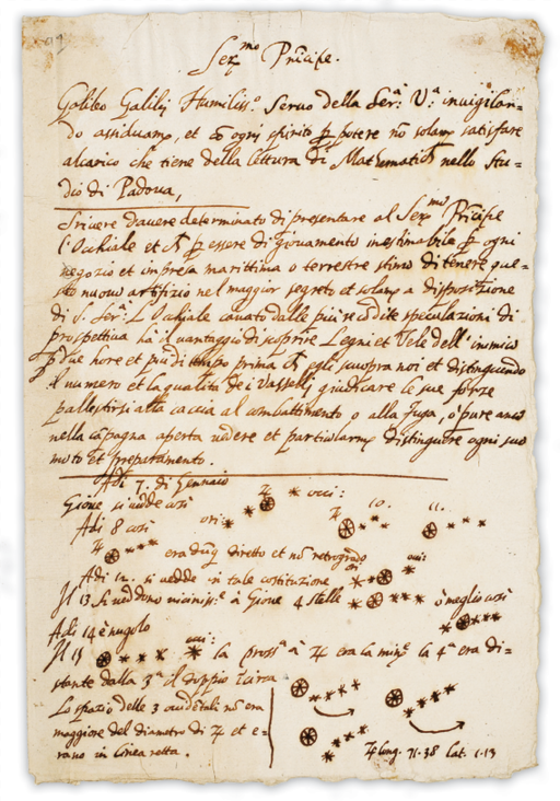 Galileiho dopis benátskému dóžeti: Popis dalekohledu a jeho vojenského využití, dole nákresy pozorování Jupiterových měsíců, 1610. Kredit: University of Michigan Library via Wikimedia Commons