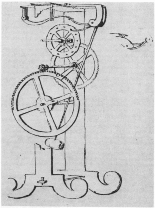 Galileiho hodinový krok pro použití kyvadla z roku 1641. Vincenzo Viviani, 1659. Opere di Galileo, 19:656. Kredit: Univ. of Toronto photographic services via Wikimedia Commons.