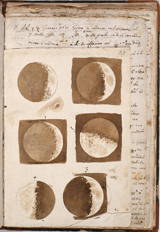 Galileo Galilei: Měsíc v různých fázích, 1609. Biblioteca Nazionale Centrale, Firenze. Kredit: Wellcome Library no. 46269i via Wikimedia Commons.