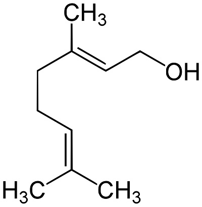 Geraniol terpenový alkohol (monoterpenoid). Systematický název:  (trans)-3,7-dimethyl-2,6-oktadien-1-ol)