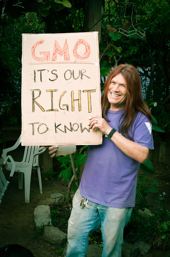 Aktivista v San Francisku v Kalifornii se zasazuje o označování složek GMO v potravinách. Wikipedia. Kredit: Daniel Goehring. CC BY 2.0.