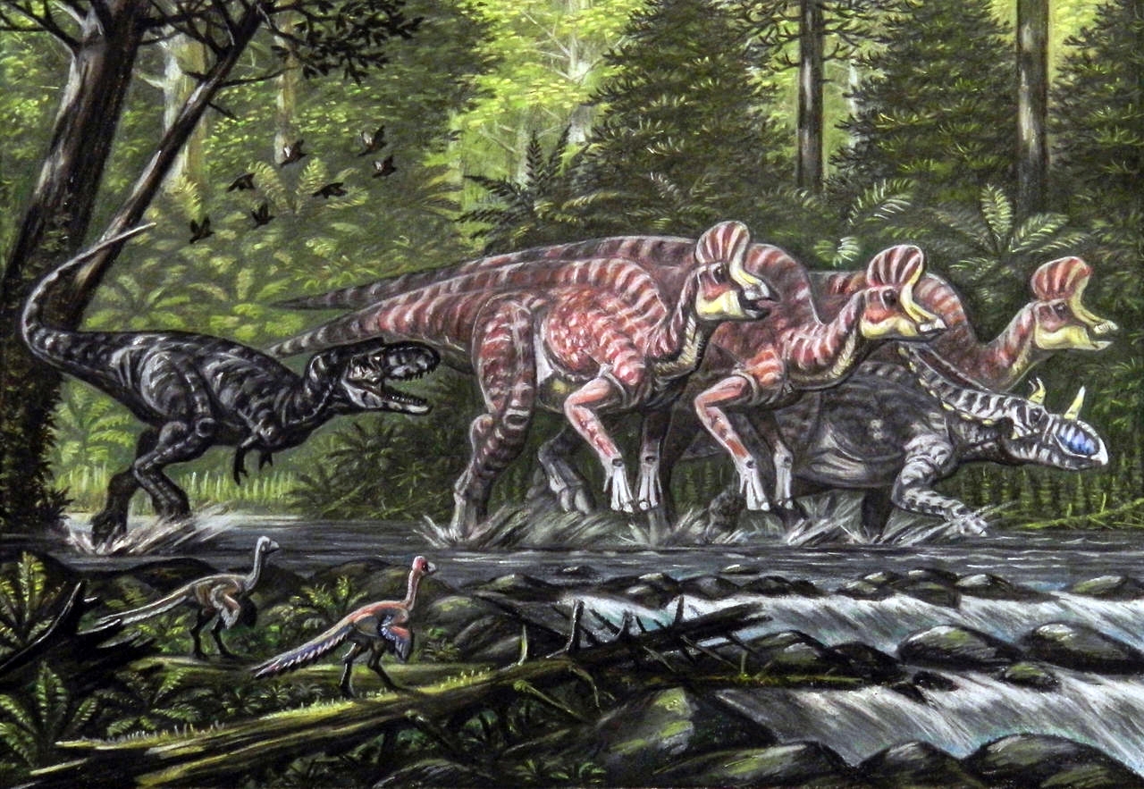 Ekologická scéna zachycující gorgosaura, útočícího na kachnozobé korytosaury a rohatého chasmosaura. V popředí je dvojice oviraptorosaurů rodu Caenagnathus. Gorgosauři žili v ekosystémech náležejících k souvrství Dinosaur Park v době před 76,6 až 75,