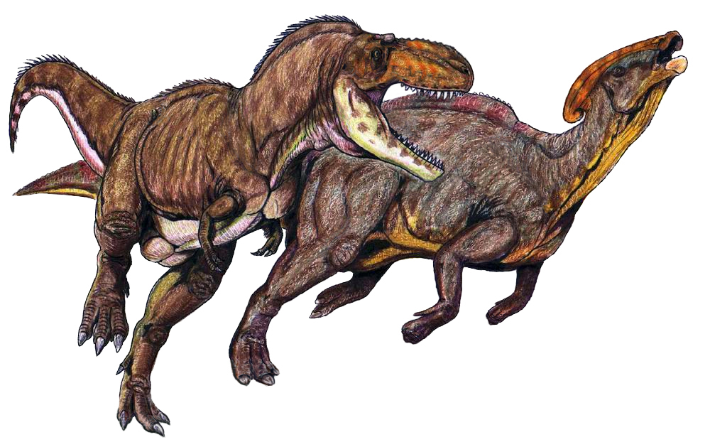 Rekonstrukce přibližného vzezření tyranosaurida druhu Teratophoneus curriei, zobrazeného při útoku na kachnozobého dinosaura druhu Parasaurolophus cyrtocristatus. Tato scéna se odehrála před zhruba 75 miliony let na území současného amerického státu 