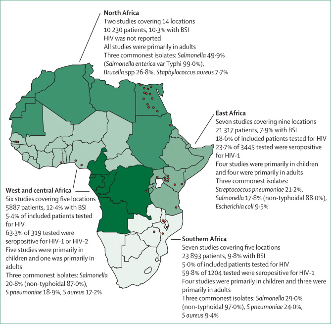 Mapka rozĹˇĂ­Ĺ™enĂ­ salmonelovĂ˝ch infekcĂ­ sestavenĂˇ podle vĂ˝sledkĹŻ vyĹˇetĹ™enĂ­  krevnĂ­ch vzorkĹŻ nemocnĂ˝ch u nichĹľ se vyskytla  horeÄŤka.  SalmonelĂłzy oznaÄŤovanĂ© jako NTS, jsou rozĹˇĂ­Ĺ™enĂ© pĹ™edevĹˇĂ­m v  subsaharskĂ© Africe. (Kredit: N