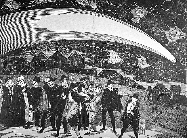 PrĹŻlet komety, dĹ™evoĹ™ezba z roku 1577. Tehdy byly komety znamenĂ­ blĂ­ĹľĂ­cĂ­ se vojny, moru, ÄŤi jinĂ© pohromy. (Wikipedia, volnĂ© dĂ­lo)