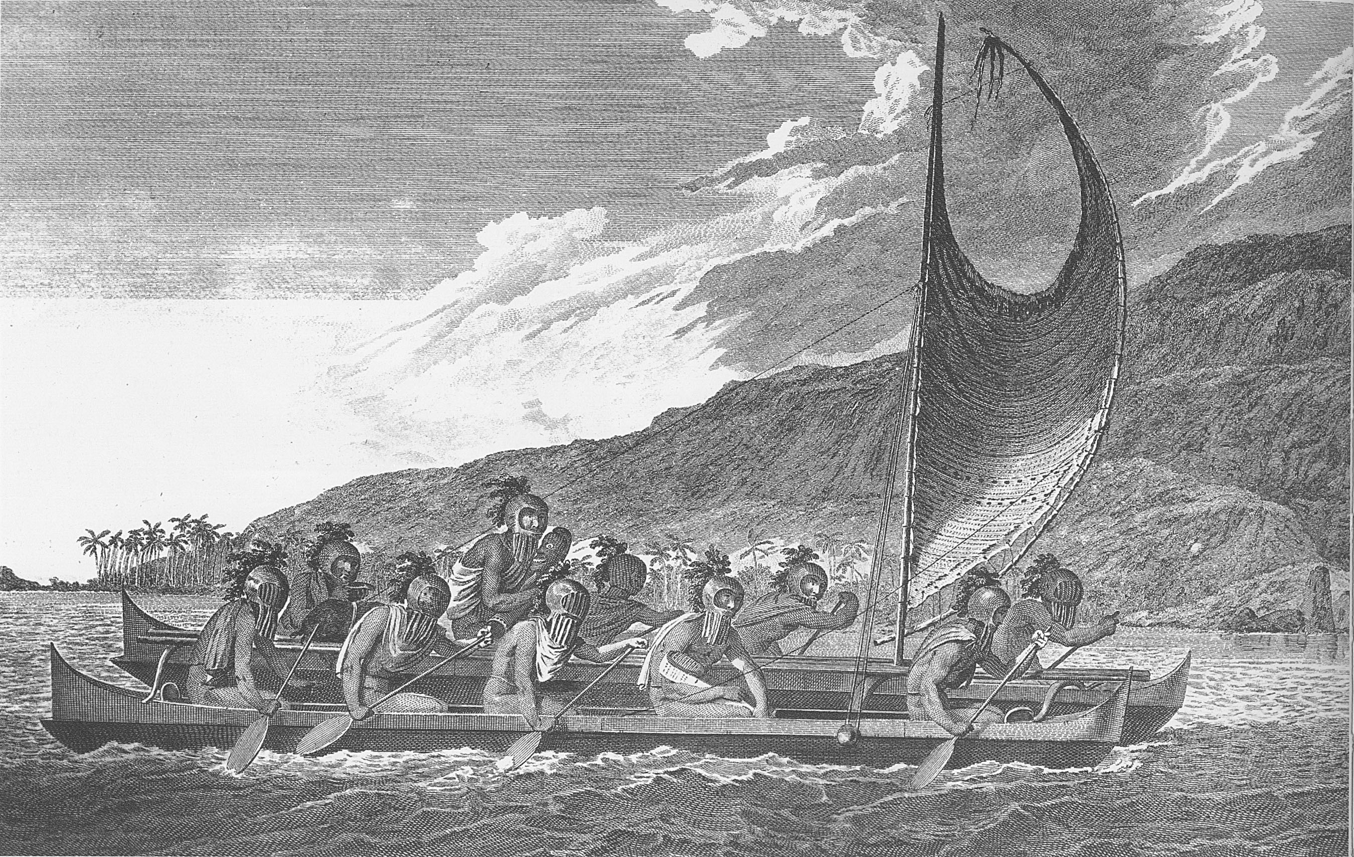 Havajští námořníci se plaví na dvoutrupé kánoi, asi 1781.  Autor: John Webber, člen posádky Cookovy lodi. Wikipedia. Volné dílo.